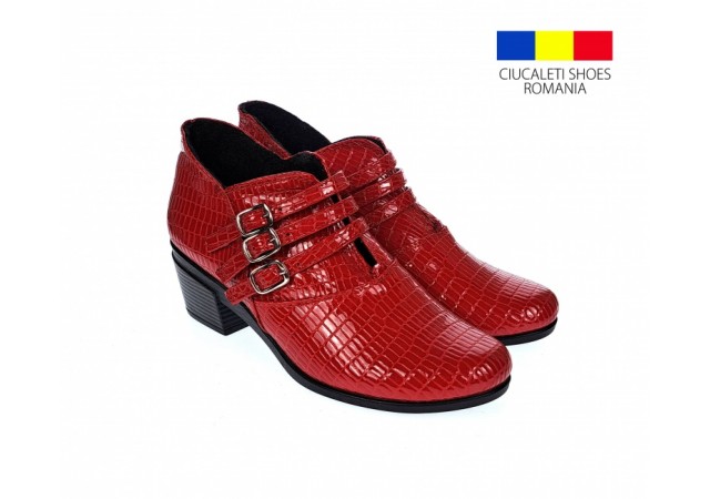 Botine dama din piele naturala Croco, cu barete si catarame argintii, Toc lat de 5 cm, Rosu - MVS63CTCR-R