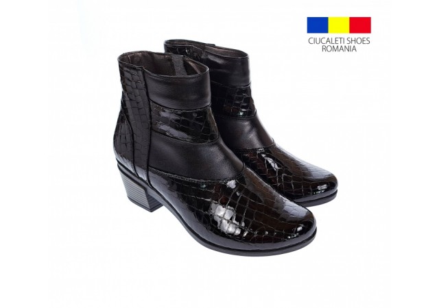 Ghetute dama din piele naturala Croco, cu fermoar, Toc de 5 cm, NEGRU - MVS18CRN